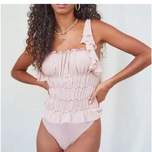 Free People Juliet Ruffle Pink Mesh Intimately Bodysuit